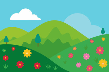 Fototapeta premium Cartoon Landscape with Green Hills Flowers Trees and a Blue Sky