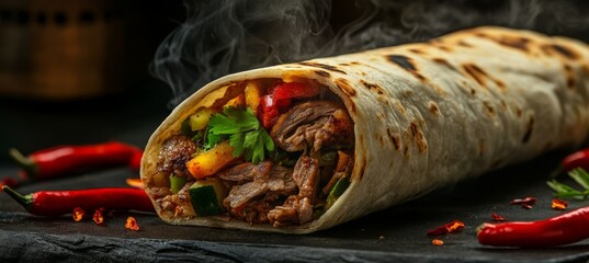 Hot Steaming Burrito with Peppers on Dark Stone