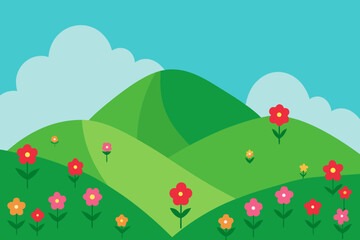 Obraz premium Cartoon Landscape with Green Hills Colorful Flowers Blue Sky and White Clouds