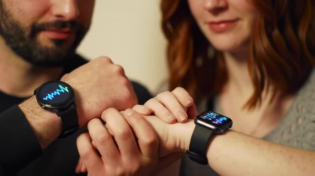 Close-up of male and female hands side by side, each wearing sleek modern smartwatches and examining their glowing screens in a soft ambient light