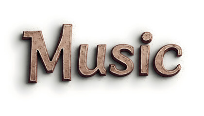 Stylized 3D text "Music" with abstract textures. Represents audio, entertainment, or artistic concepts. Expressive and eye-catching.

