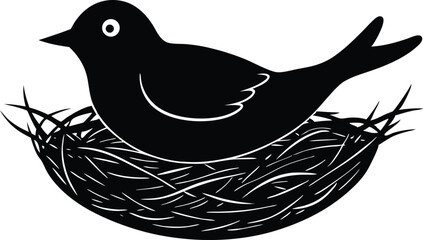 ird sitting in a nest made silhouette vector