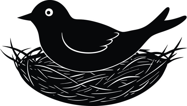 ird sitting in a nest made silhouette vector