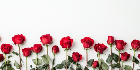 Red Roses Arranged Horizontally on White Background