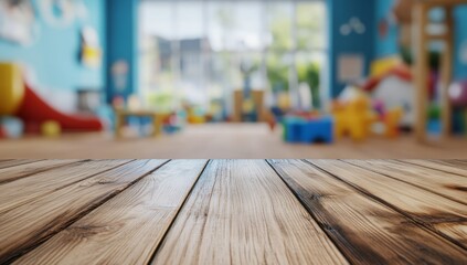 Empty wooden table in a blurry children's playroom