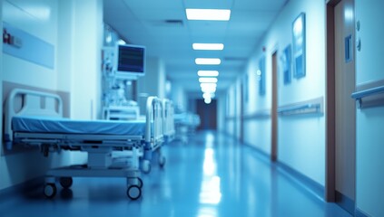 Hospital hallway with beds and medical equipment; empty and clean