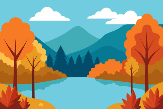 Vibrant autumn landscape with colorful trees and mountains reflected in a lake