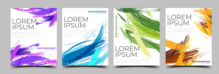 Set of modern abstract social media post templates with bold brush stroke designs in purple, blue, green, and orange color schemes. Usable for social media post, cover, poster, banner, card