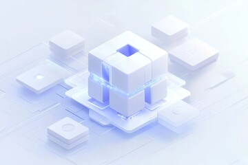 Abstract 3D Cubes with Glowing Connections on a Futuristic Grid