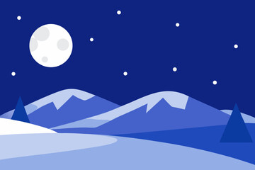 Obraz premium Minimalist Winter Landscape with Mountains Moon Stars and Trees in Blue Tones