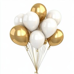 Bunch of gold and white balloons against white background