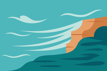 Minimalist Coastal Landscape with Cliffs Waves and Sky in Teal and Orange