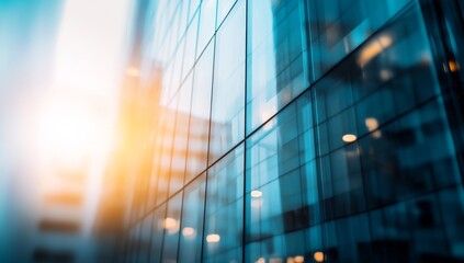 Modern glass skyscraper facade reflecting city lights