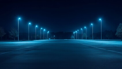 Empty parking lot at night, illuminated by streetlights, with trees in the background