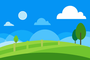 Stylized flat design landscape with green rolling hills and a bright blue sky