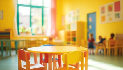 Colorful preschool classroom with children at play