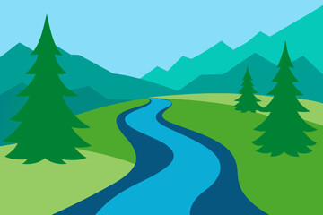 Stylized Landscape with River Trees and Mountains in Flat Vector Illustration