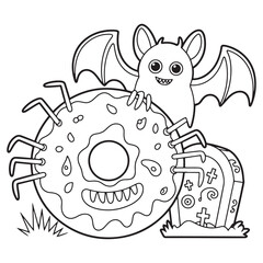 Cute Bat with Donut Spider Halloween Line Art Illustration for Kids Coloring Page