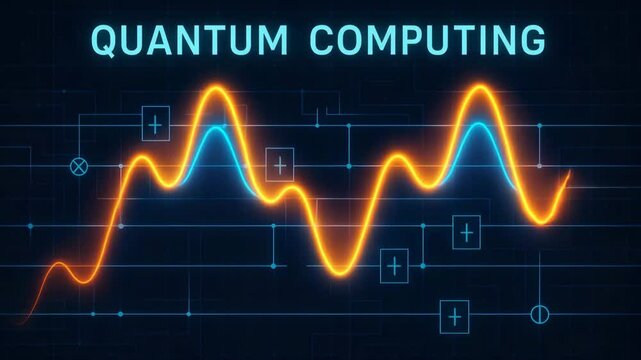 A vibrant illustration of quantum computing showcasing waveforms and symbols. This digital artwork represents advanced technology, innovation, and the future of computing.