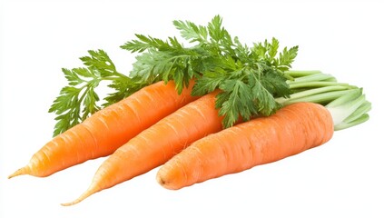 Fresh carrots with green leaves, studio shot on white background