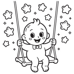 Baby Swinging with Stars Halloween-Themed Line Art Coloring Page