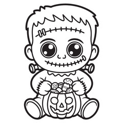 Cute Frankenstein Boy Holding Pumpkin Bucket Line Art Coloring Page for Halloween
