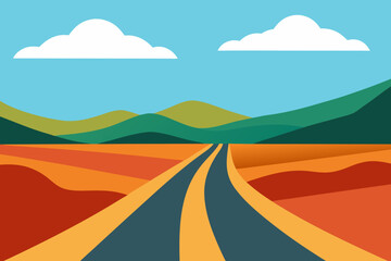 Obraz premium Stylized Landscape with Road Fields Mountains Sky and Clouds in a Flat Design