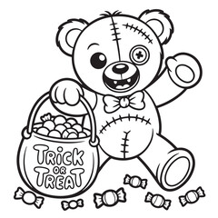 Kawaii Halloween Teddy Bear Holding Candy Bucket Coloring Page