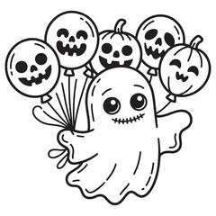 Ghost Holding Halloween Balloons with Jack-o'-Lantern Faces Coloring Page