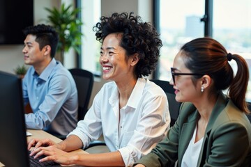 Innovative Aerial View of Multicultural Office Team Engaged in Virtual Meeting, Enhanced with Vibrant Abstract Overlays Symbolizing Communication and Collaboration