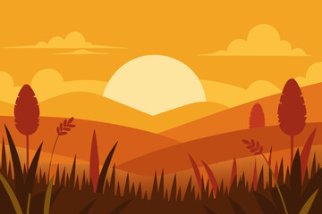 Warm Sunset Landscape with Hills Grass and Plants in Earthy Tones