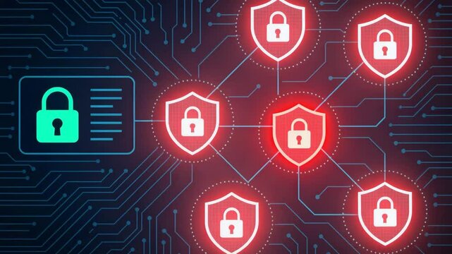 This digital illustration represents cybersecurity concepts, featuring a network of locks and shields symbolizing data protection and secure connections in the online world.