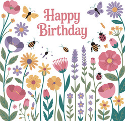 Colorful Wildflower Garden Birthday Card Illustration for Celebrations