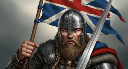 Saxon Warrior Holding Sword and Union Jack Flag