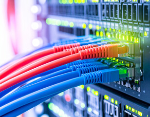 Naklejka premium Network cables connected to a server rack, showcasing colorful ethernet wires.