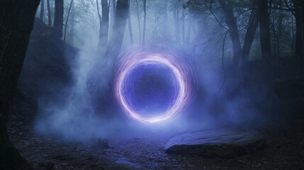 A mysterious glowing portal in the middle of an ancient forest
