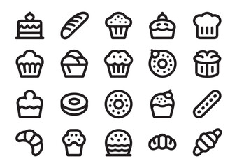 Collection of bakery icons including cakes muffins donuts and croissants isolated on white background