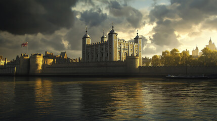 Fototapeta premium The Tower of London, a historic fortress towering above a cloudy sky