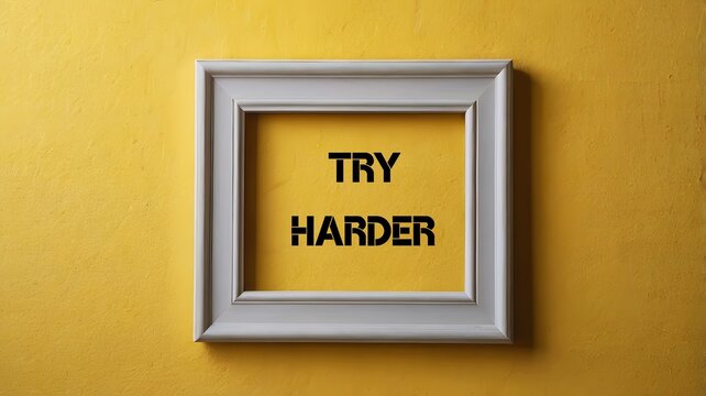 Photo frame on yellow wall with text written TRY HARDER means be persistent and make greater effort more than before to achieve goal or better result