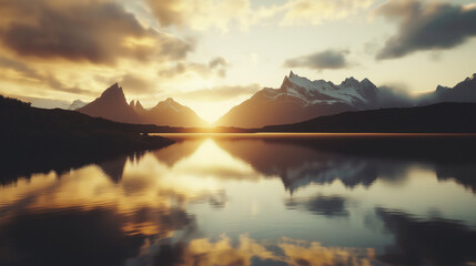 Torres del Paine at dawn, reflected in the calm water of a nearby lake