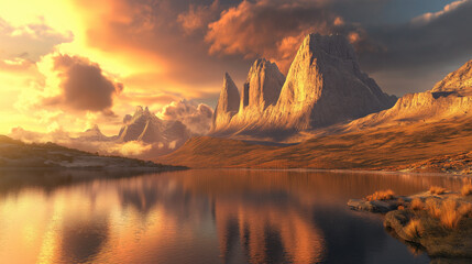 Torres del Paine at dawn, the warm golden light falling on the granite spires