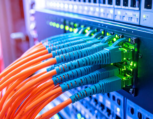 Close-up view of a server rack with network cables connected, showing active data transfer.