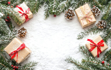 Christmas tree with festive red and gold ornaments, gift boxes, and sparkling lights, perfect for holiday season celebrations