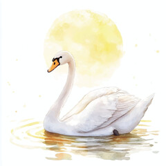 Watercolor Swan in a Golden Sunrise Setting