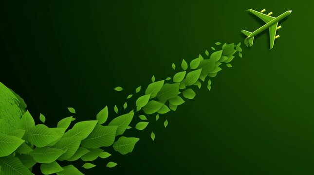 Sustainable Aviation Fuel. SAF. Eco-friendly airplane flying above a green globe adorned with leaves.