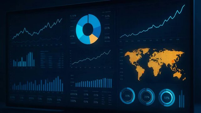 This image showcases an advanced data analysis interface with colorful graphs and charts, highlighting trends in business metrics and global data representation.