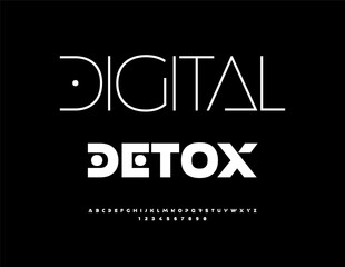 Vector Trendy logo Digital Detox. Futuristic White Font. Typography Minimal Alphabet Letters and Numbers set.