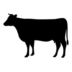 A silhouette of a domestic bovine bull stands against a white background