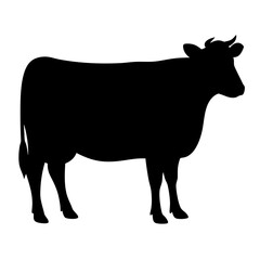 Black silhouette of a mature cow standing in profile against white