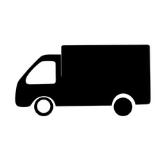 Simple black silhouette of a delivery truck on a white background